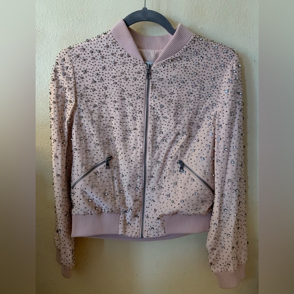 ALICE & OLIVIA DEMIA EMBELLISHED BOMBER JACKET light dusty pink NWT💞💖 - Picture 1 of 11